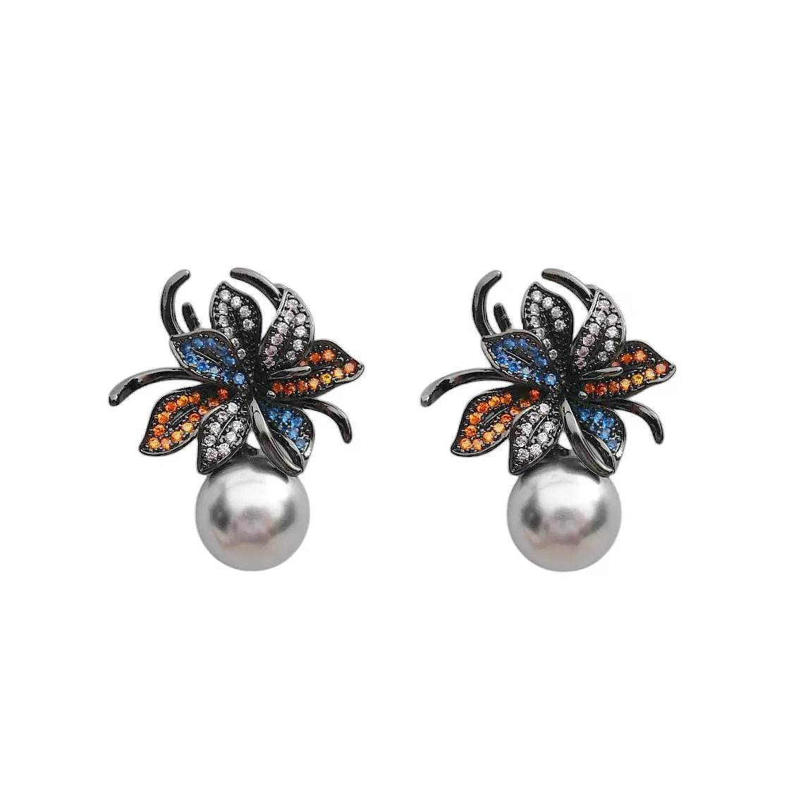 Multicolor Oorbellen met zirkonia's en grijze parels - Victoria Valenza