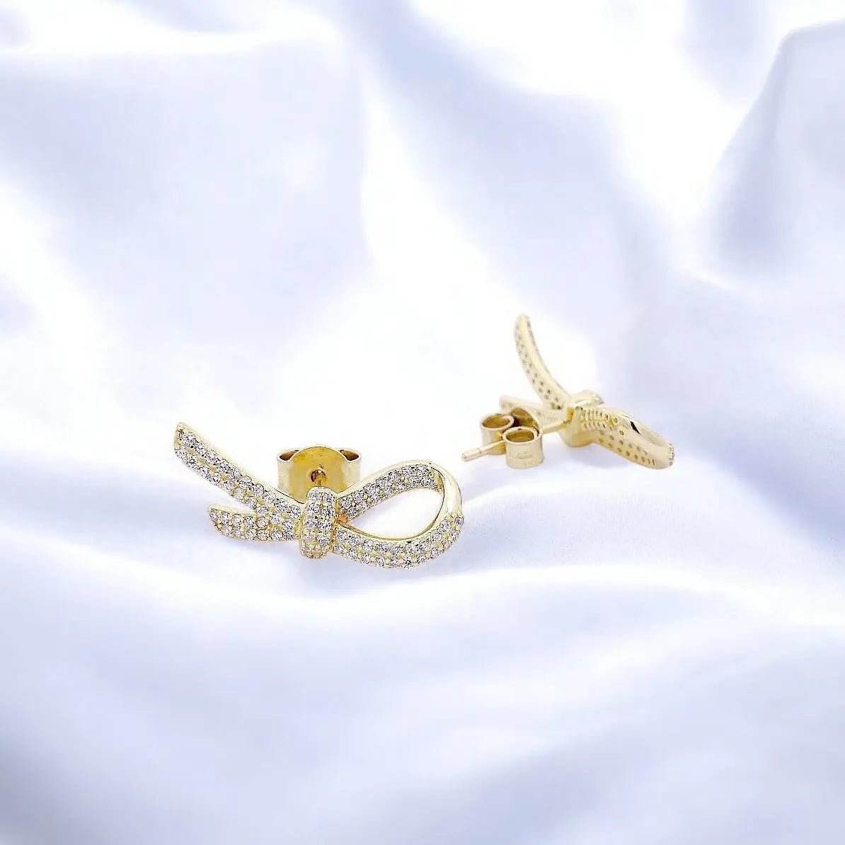 Vergulde zilveren ribbon oorbellen met zirkonia stenen - Victoria Valenza