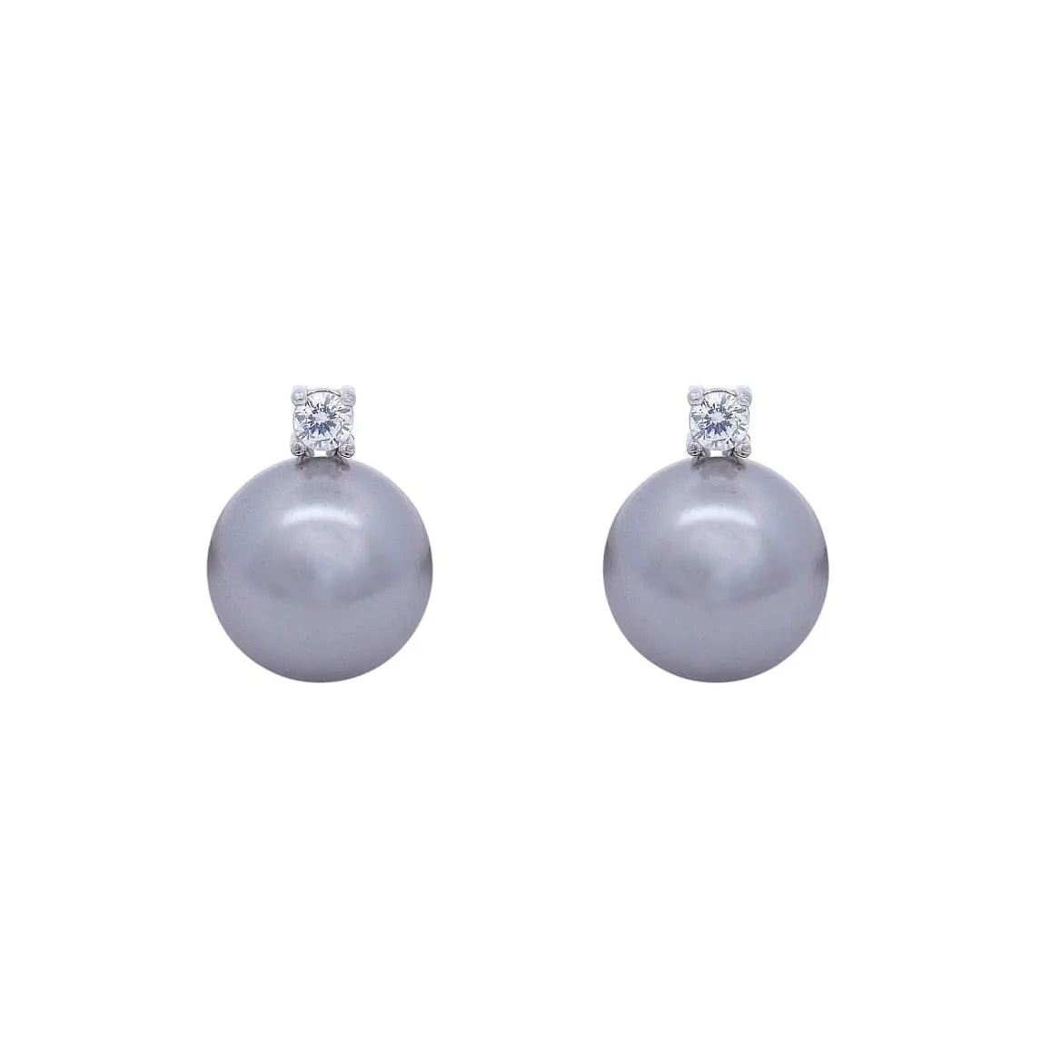 Zilveren clip oorbellen met grijze parels 12 mm en zirkonia stenen  Victoria Valenza
