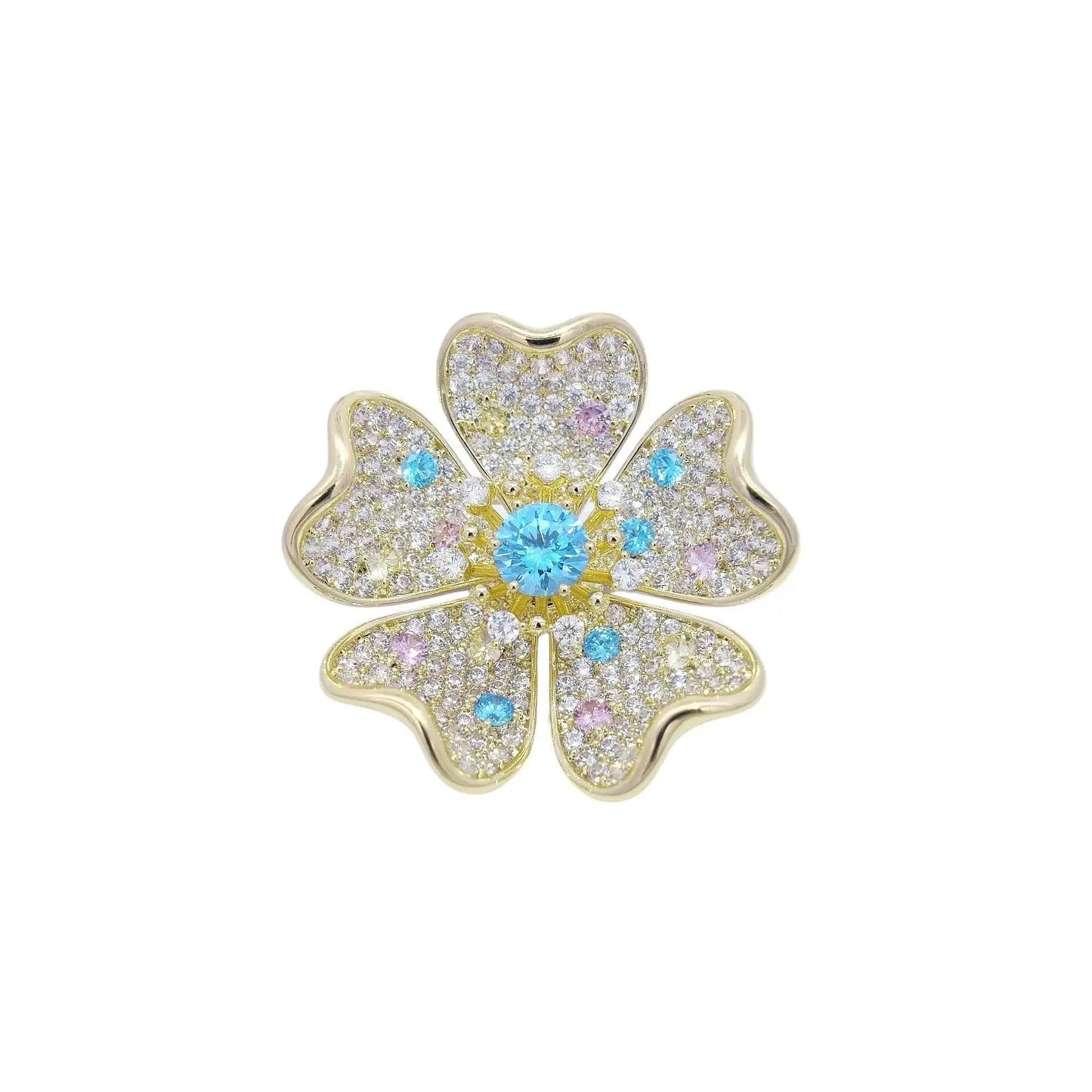 Goudkleurige sakura bloem broche met pavé blauwe, gele, roze en witte zirkonia stenen  Victoria Valenza