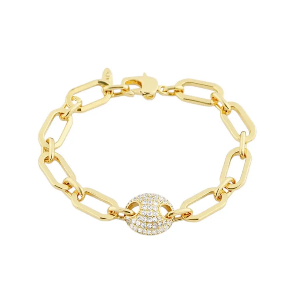 Goudkleurige schakelarmband koffieboon met pavé zirkonia stenen  Victoria Valenza