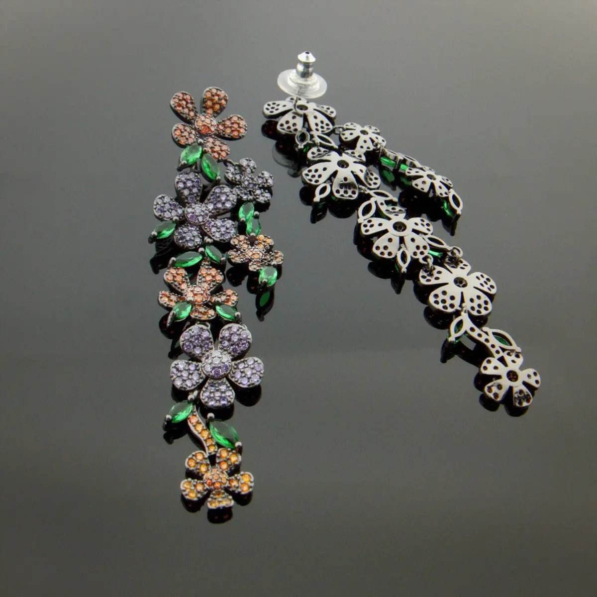 Lange bloem oorbellen met multicolor zirkonia's - Victoria Valenza