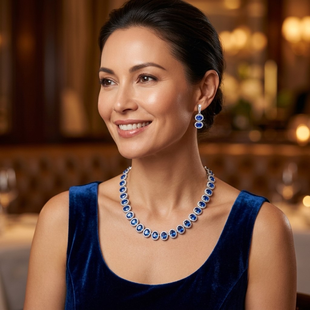 Zilverkleurige Sofia Blue Collier en Oorbellen met Saffierkleurige Zirkonia Stenen | Victoria Valenza