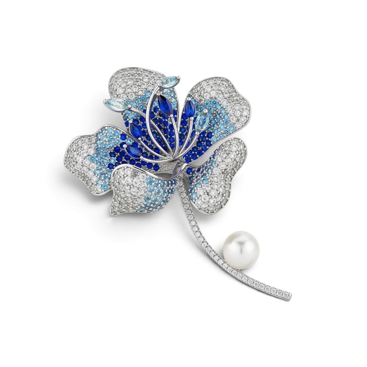 Zilverkleurige Hibiscus Broche met Saffierkleurige Zirkonia Stenen | Victoria Valenza