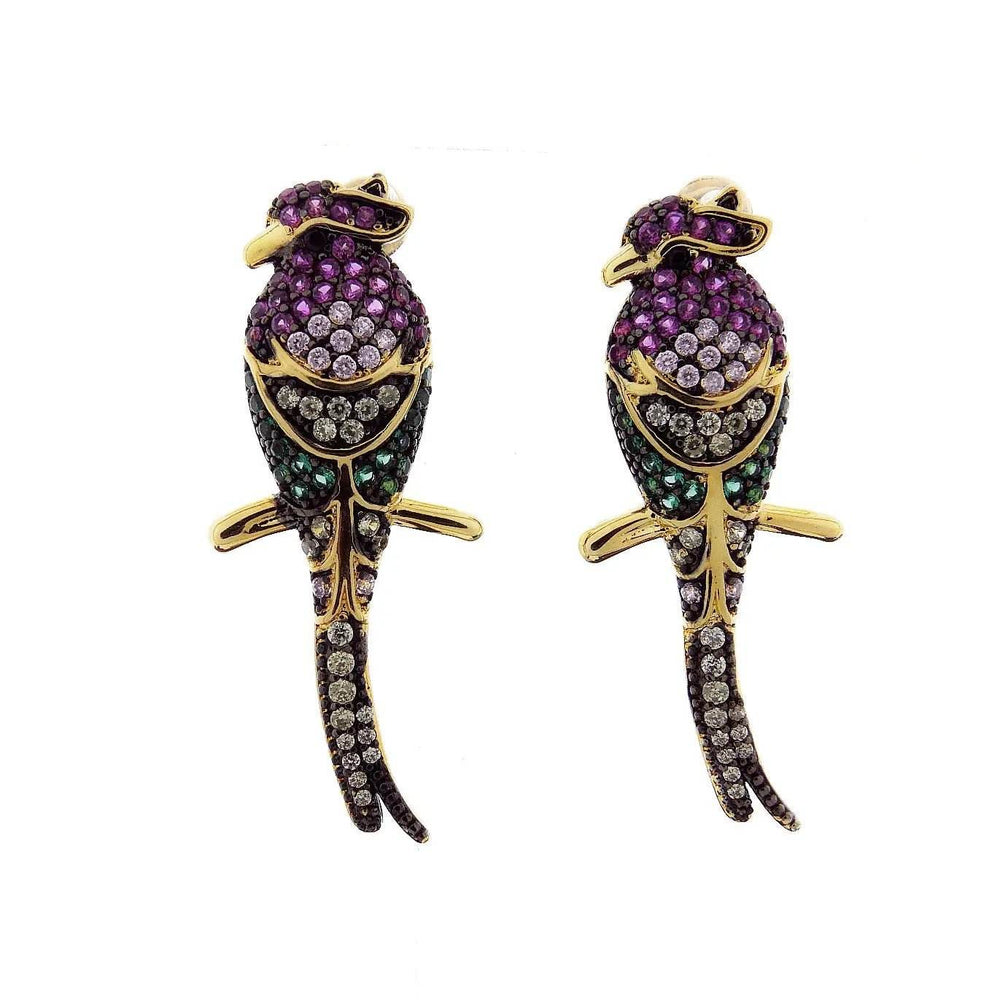 
                      
                        Goudkleurige vogel oorbellen met multicolor zirkonia's - Victoria Valenza
                      
                    