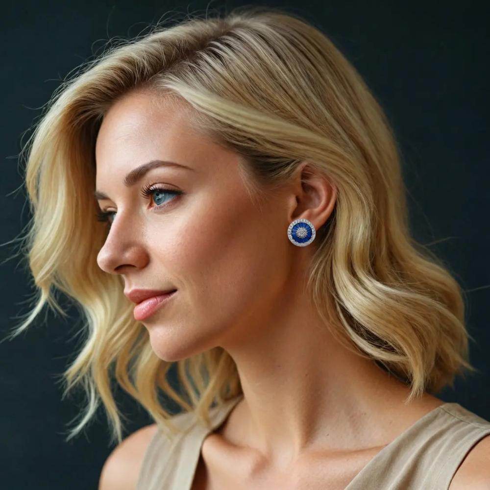 Zilverkleurige Coco oorknoppen met witte en blauwe zirkonia's - Victoria Valenza