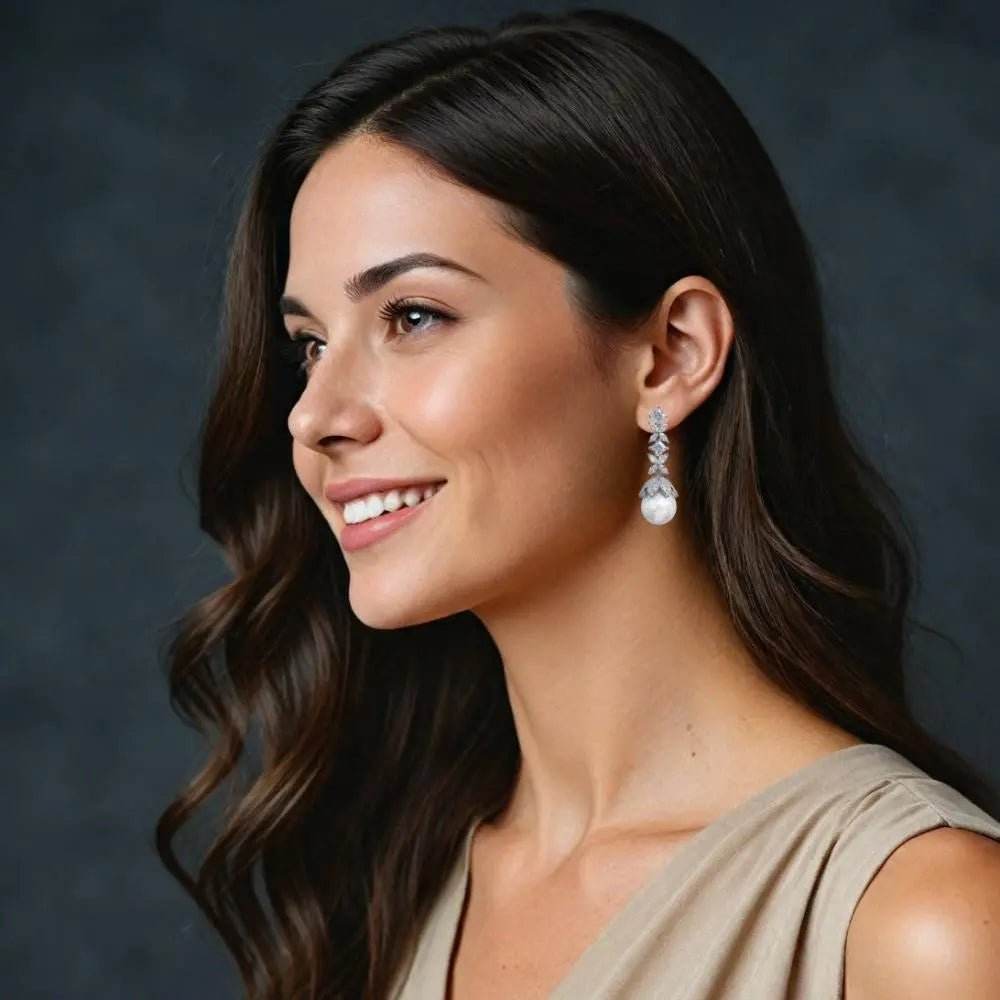 Zilverkleurige feestelijke oorbellen met zirkonia's en parels - Victoria Valenza