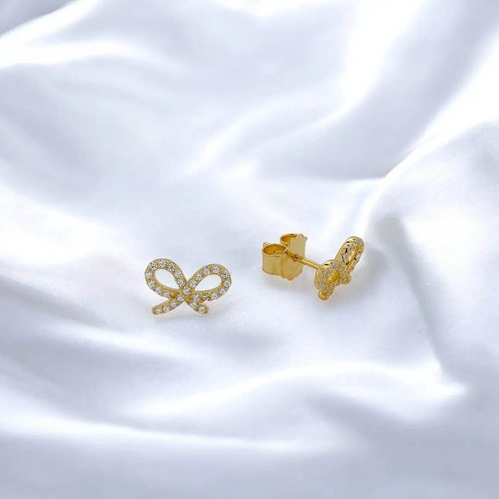 Vergulde zilveren strik oorbellen met zirkonia's - Victoria Valenza