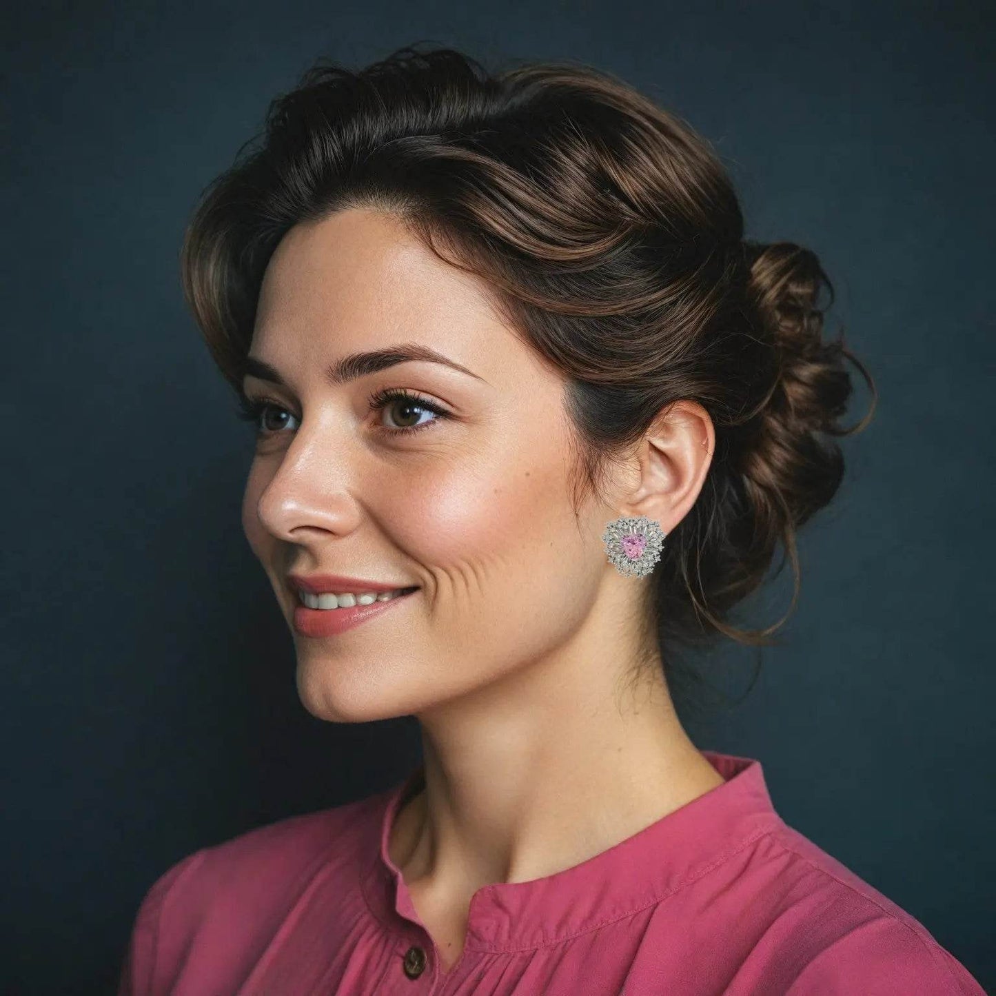 Zilverkleurige fantasie oorbellen met roze hart zirkonia stenen - Victoria Valenza