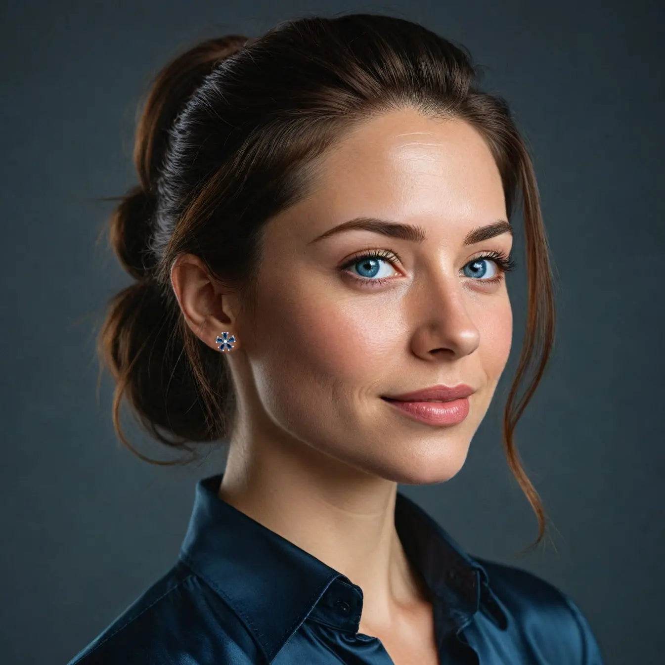 Zilverkleurige bloem oorbellen met donkerblauw zirkonia stenen - Victoria Valenza