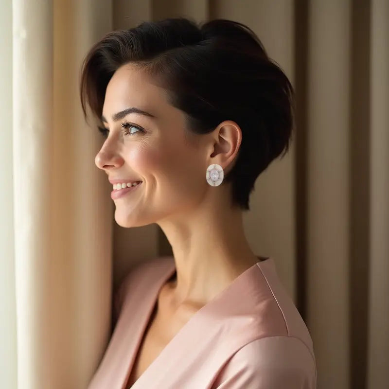 Roségoudkleurige ovale oorbellen met parelmoer en zirkonia stenen  Victoria Valenza