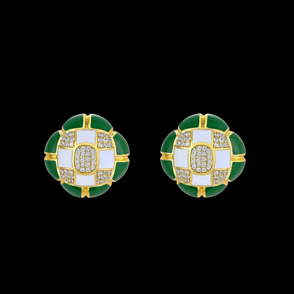 Goudkleurige fantasie oorbellen met witte en groene emaille en zirkonia stenen  Victoria Valenza