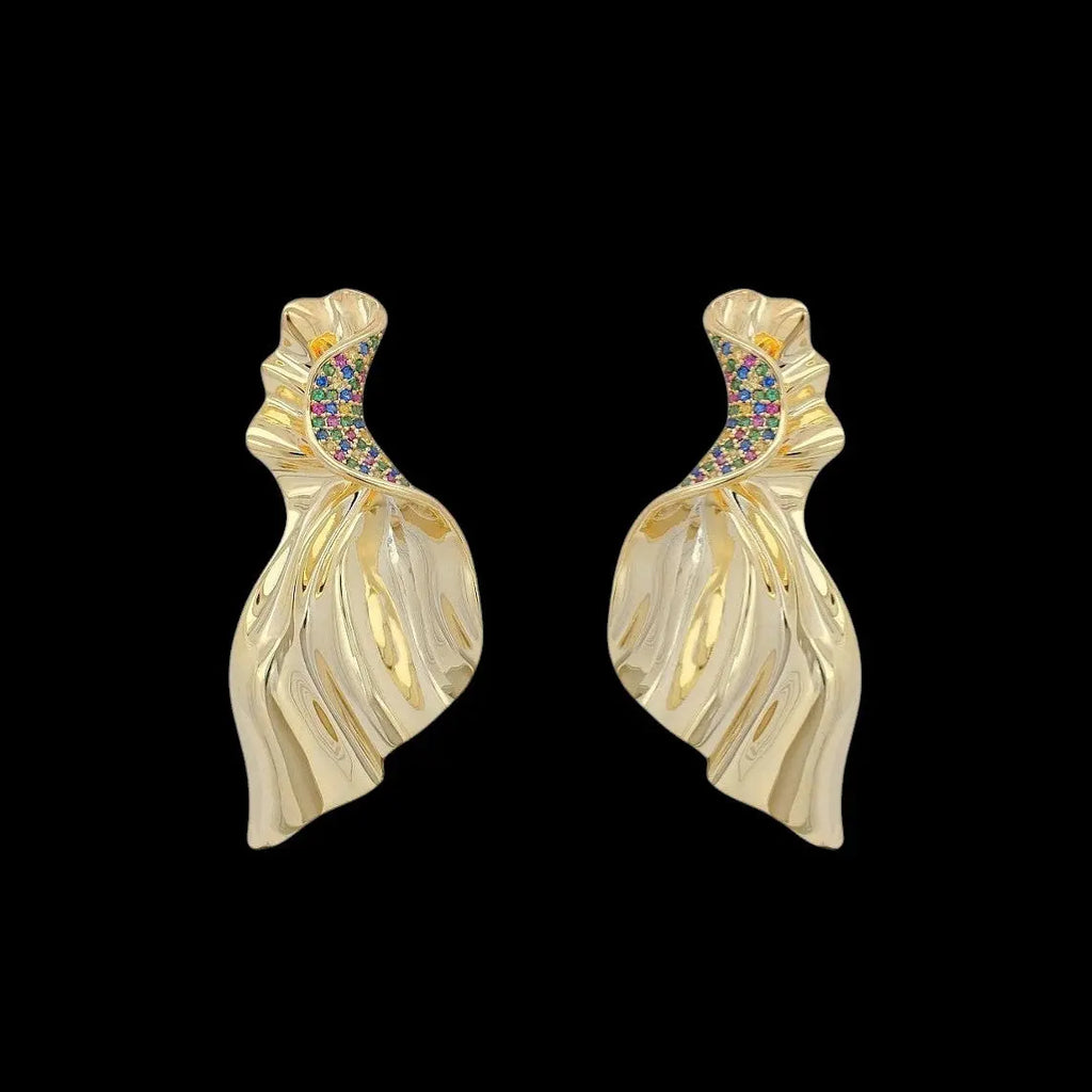Vergulde blad oorbellen met multicolor zirkonia stenen  Victoria Valenza