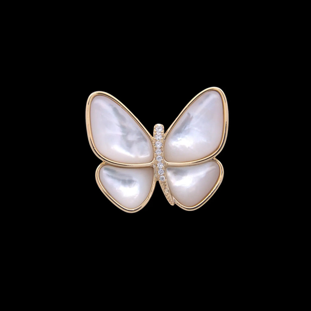 Goudkleurige vlinder broche met parelmoer en zirkonia stenen  Victoria Valenza