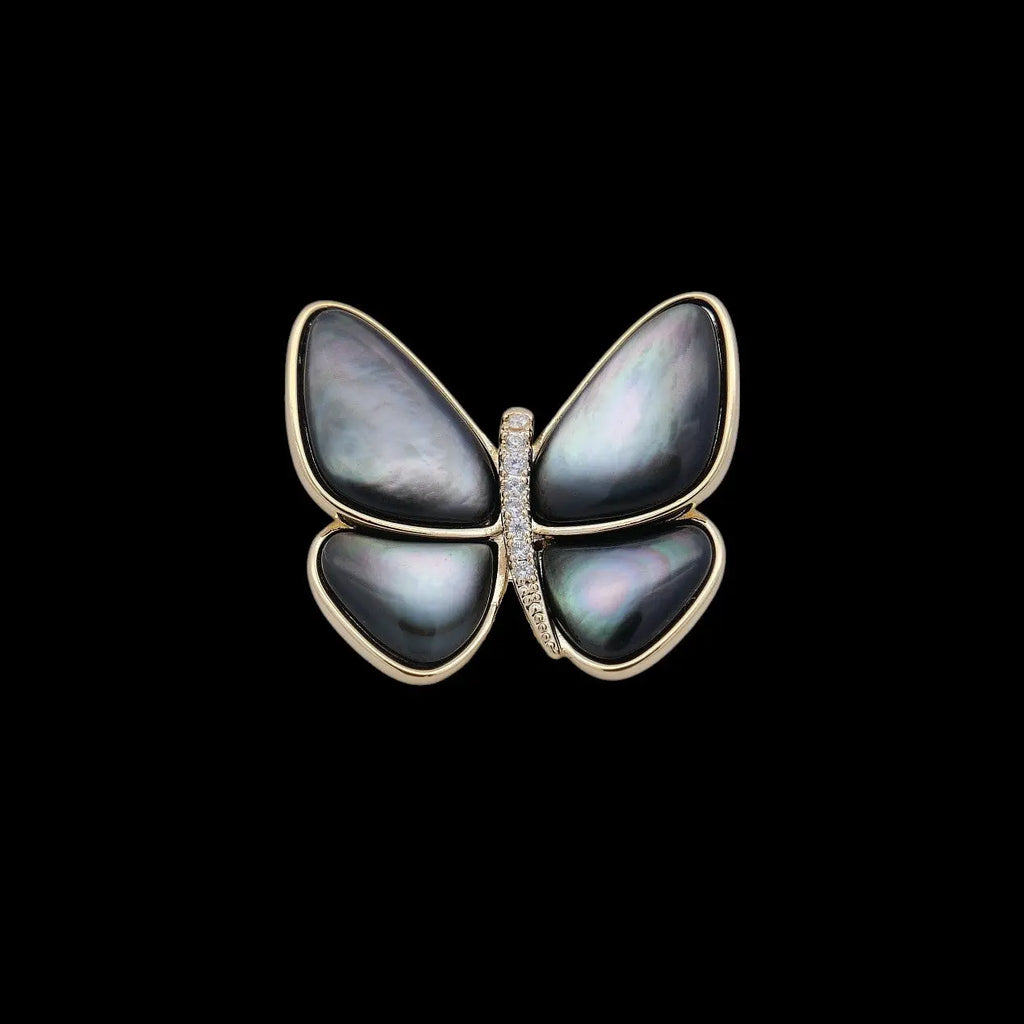 Goudkleurige vlinder broche met grijze parelmoer en zirkonia stenen  Victoria Valenza