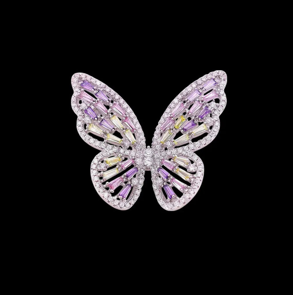 Zilverkleurige vlinder broche tevens hanger met multicolor zirkonia stenen  Victoria Valenza