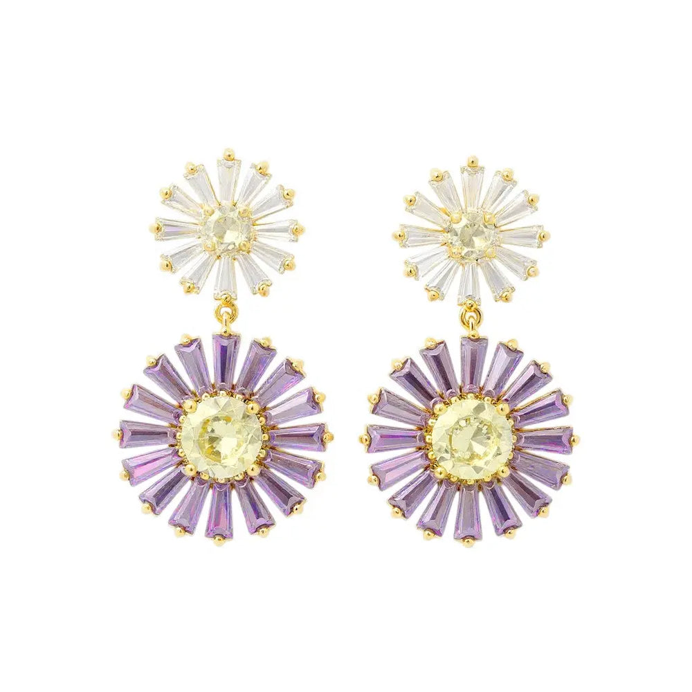 
                      
                        Goudkleurige Daisy oorbellen met paarse en gele zirkonia stenen  Victoria Valenza
                      
                    
