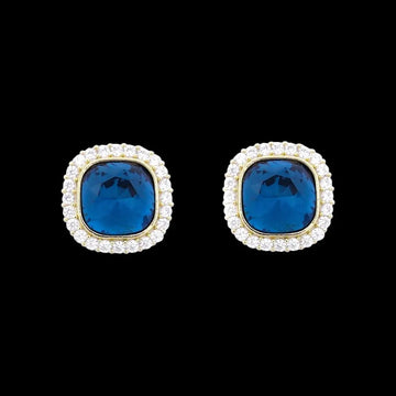Goudkleurige entourage clip oorbellen met blauwe en witte zirkonia stenen  Victoria Valenza