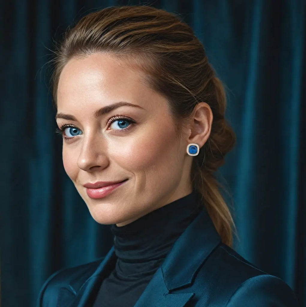 Goudkleurige entourage clip oorbellen met blauwe en witte zirkonia stenen  Victoria Valenza