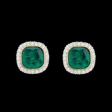 Goudkleurige entourage clip oorbellen met groene en witte zirkonia stenen  Victoria Valenza