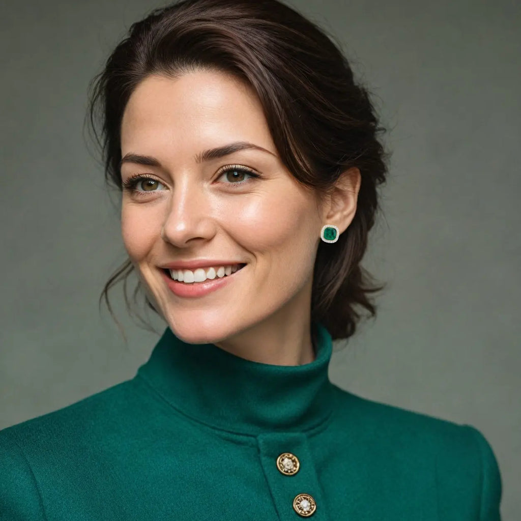 Goudkleurige entourage clip oorbellen met groene en witte zirkonia stenen  Victoria Valenza