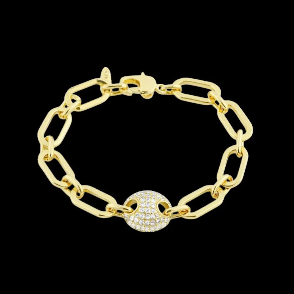 Goudkleurige schakelarmband koffieboon met pavé zirkonia stenen  Victoria Valenza