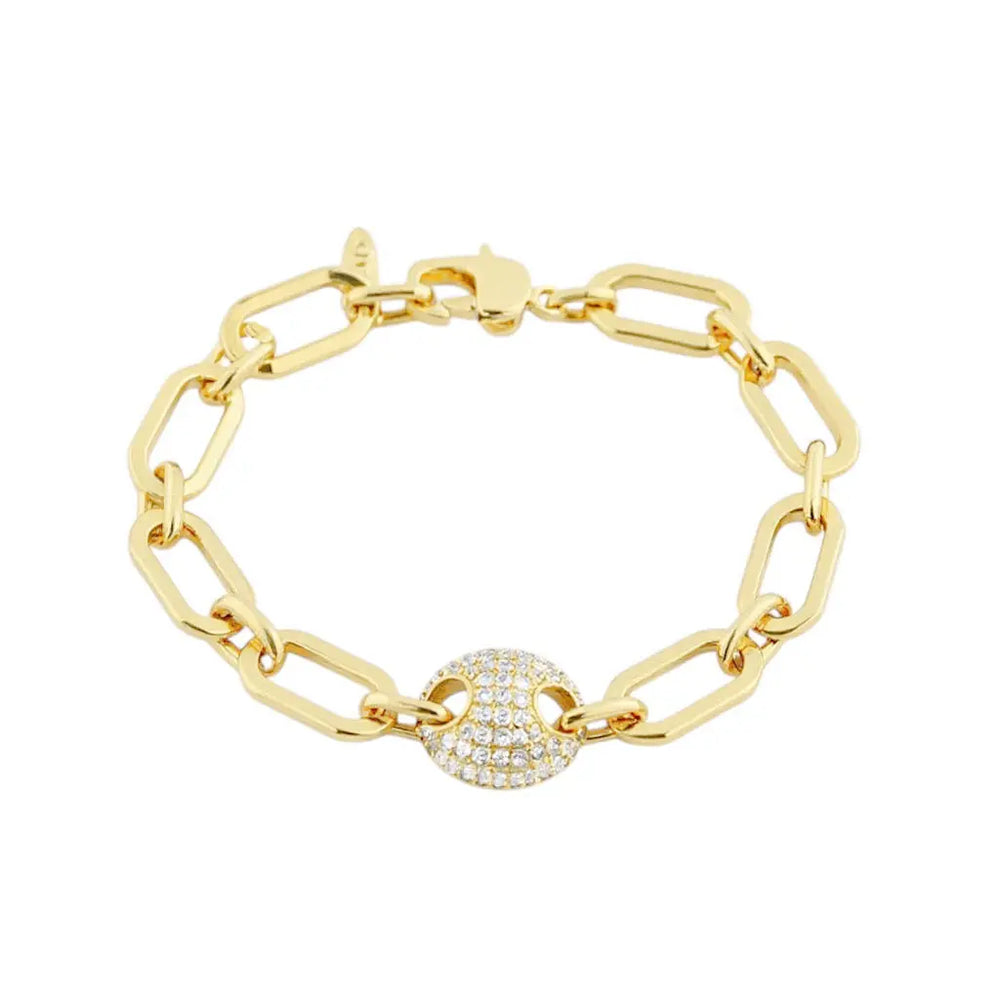 
                      
                        Goudkleurige schakelarmband koffieboon met pavé zirkonia stenen  Victoria Valenza
                      
                    