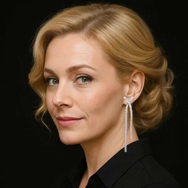 Zilverkleurige Y-vorm oorbellen met zirkonia stenen  Victoria Valenza