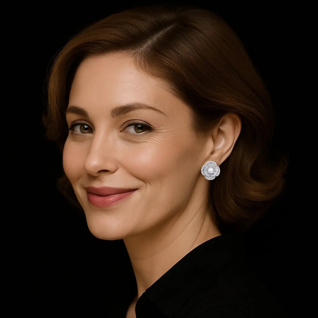 Zilverkleurige zoetwaterparel bloem oorbellen met trapezium zirkonia stenen  Victoria Valenza