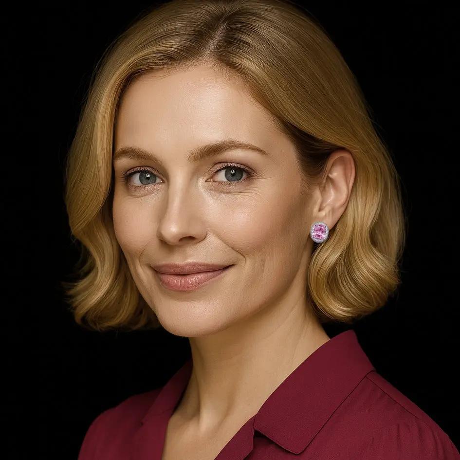 Zilverkleurige roze ovale entourage oorbellen pavé rand met zirkonia stenen  Victoria Valenza