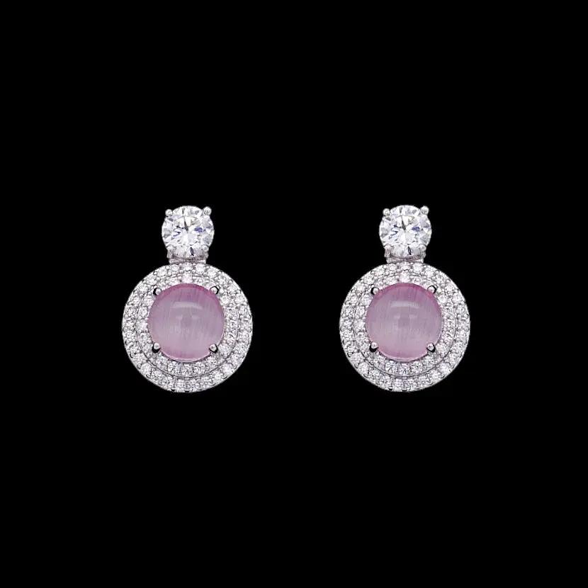 Zilverkleurige fantasie oorbellen roze maansteen en zirkonia stenen  Victoria Valenza