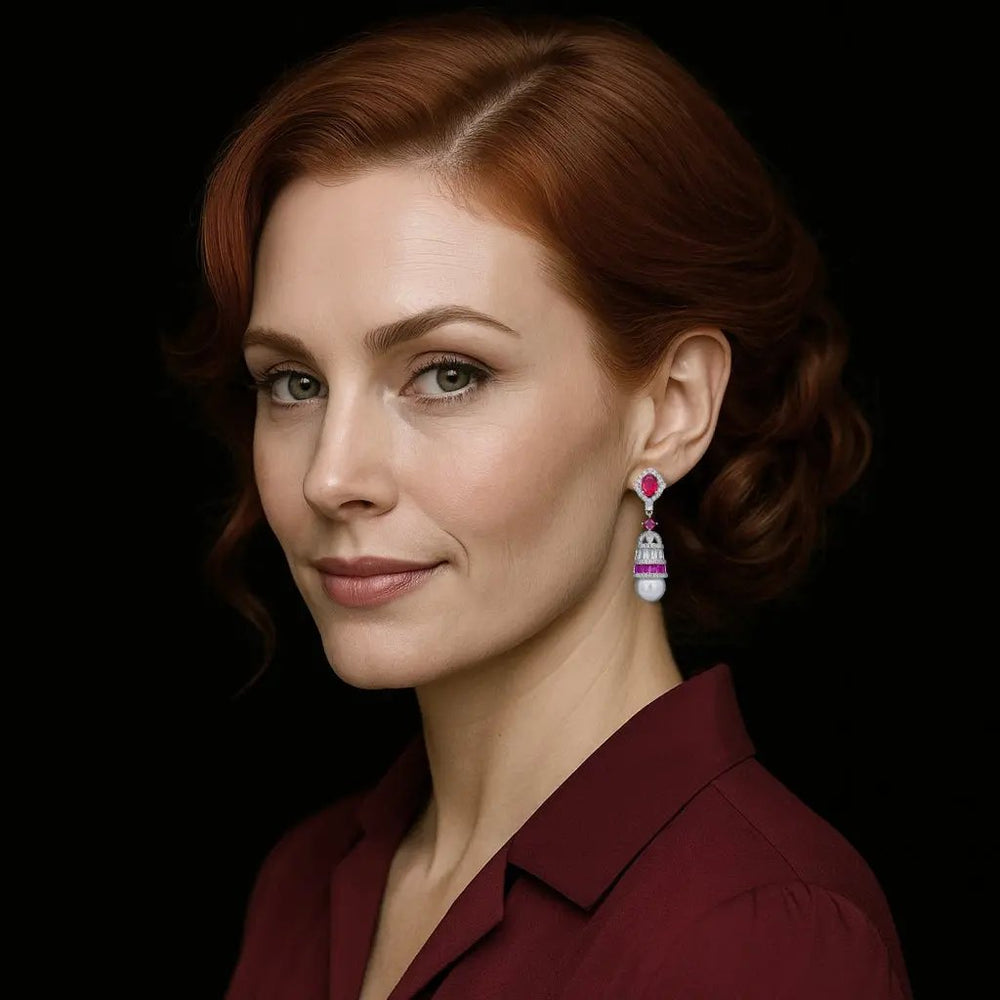 Zilverkleurige Art Deco model oorbellen met parels en roze zirkonia stenen  Victoria Valenza