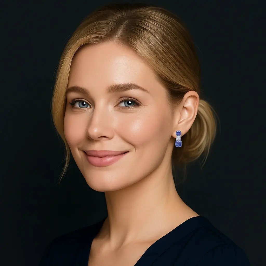 Zilveren oorbellen met tanzanietkleurige cushion zirkonia stenen  Victoria Valenza