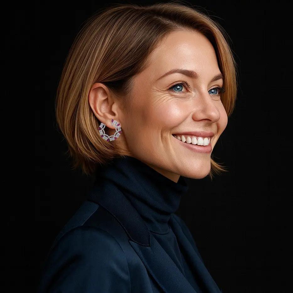 Zilveren waaier oorbellen met roze zirkonia stenen  Victoria Valenza