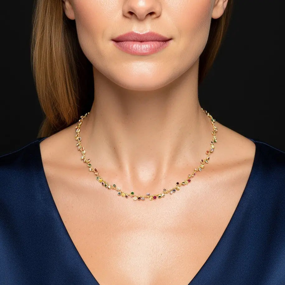 Verguld zilver Cocktail collier met multicolor zirkonia stenen  Victoria Valenza