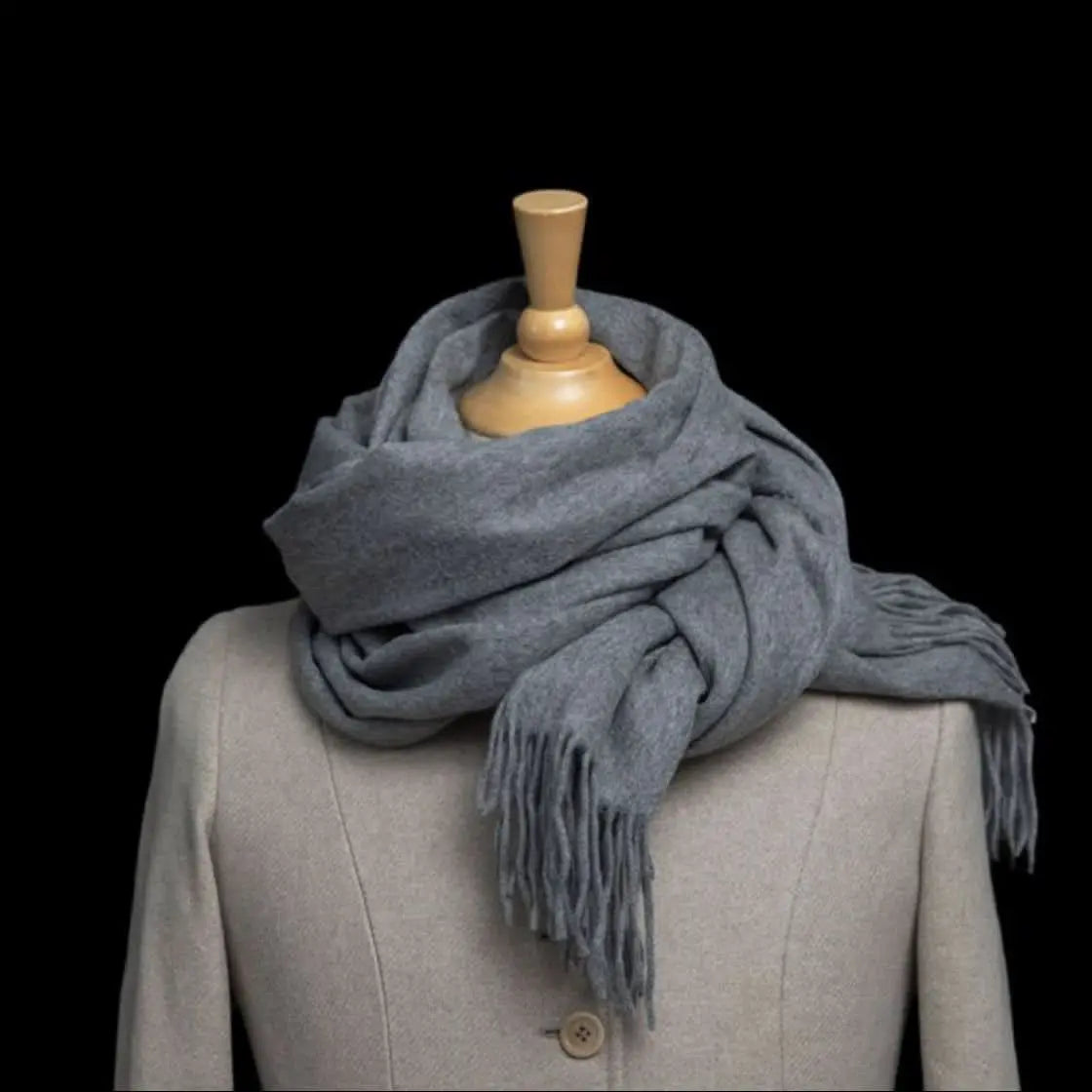 Telegrau 2 extra grote cashmere sjaal op jas – luxe dames omslagdoek met franjes