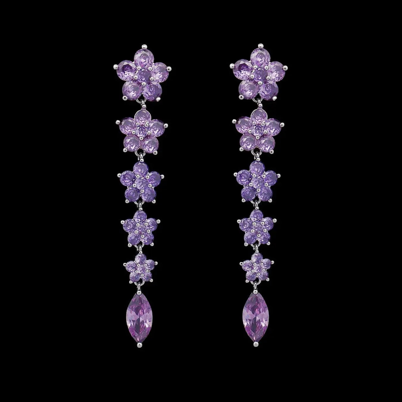 Zilverkleurige avondbloem oorbellen met paarse zirkonia stenen  Victoria Valenza