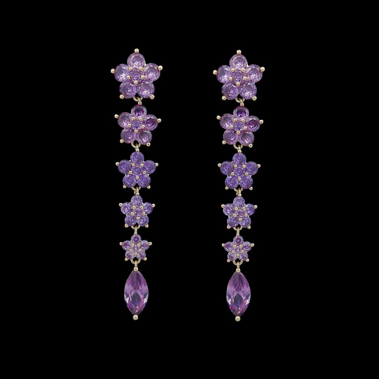 Goudkleurige avondbloem oorbellen met paarse zirkonia stenen  Victoria Valenza