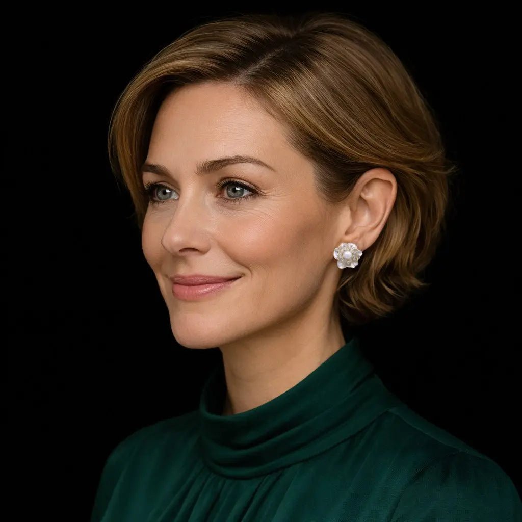 Goudkleurige mini sakura bloem oorbellen met parels en zirkonia stenen  Victoria Valenza