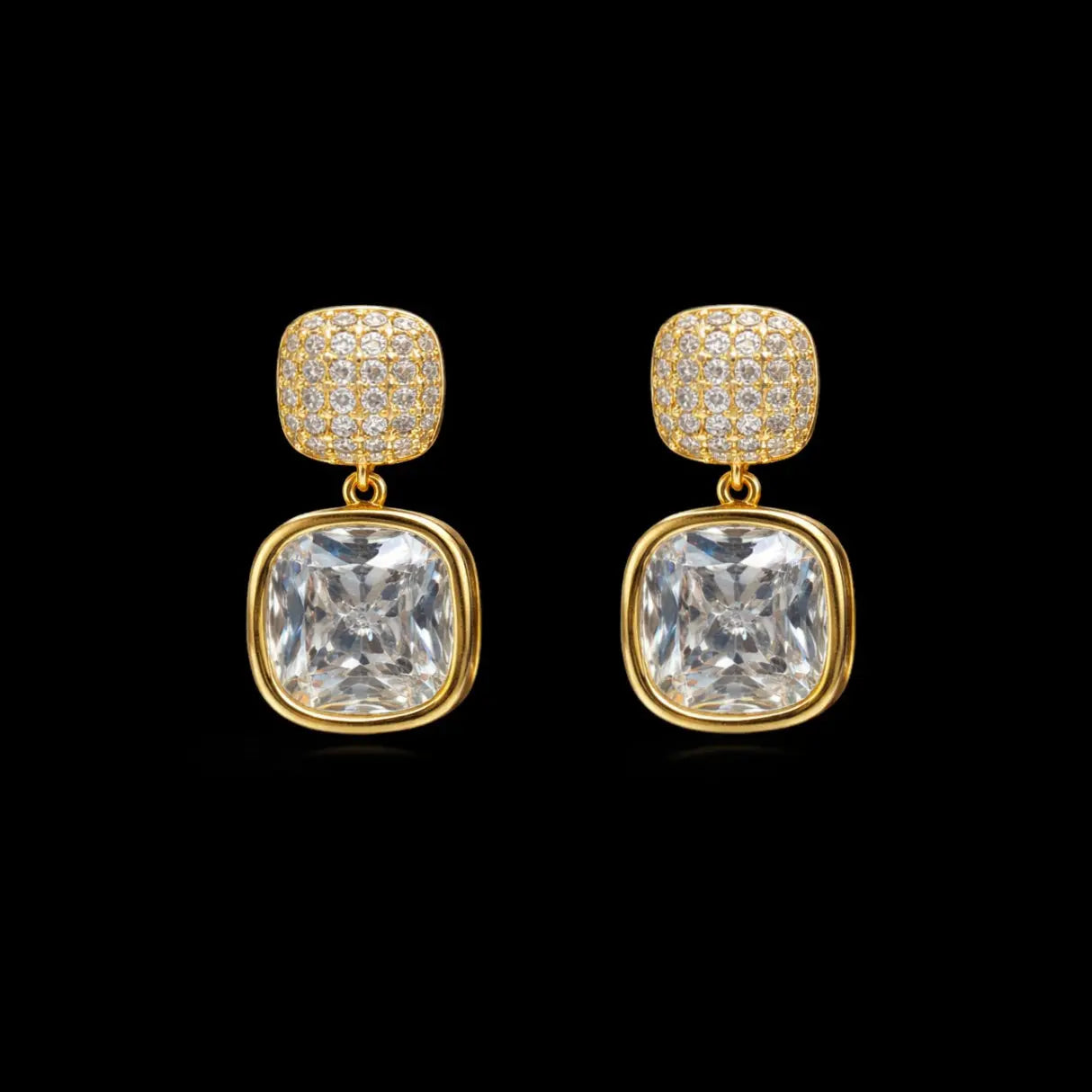 Goudkleurige pavé oorbellen met cushion zirkonia stenen  Victoria Valenza