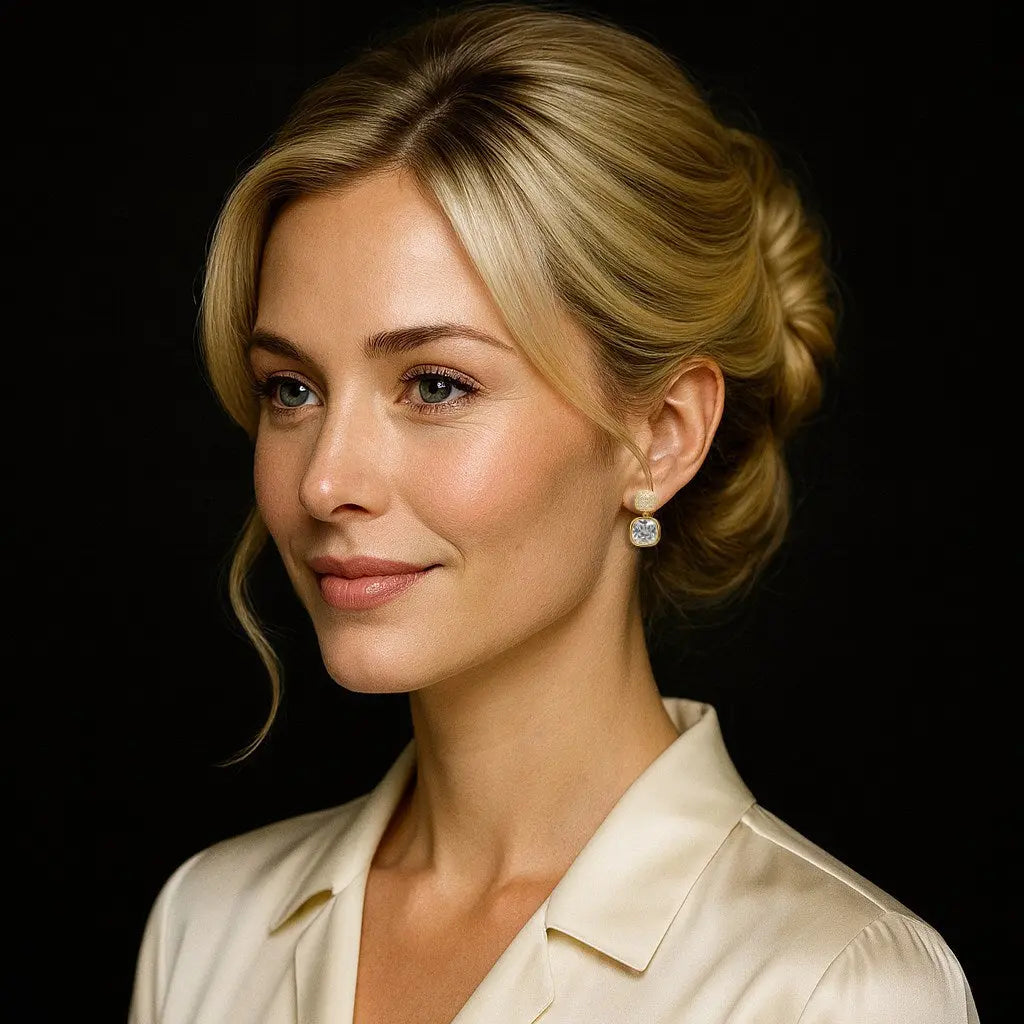 Goudkleurige pavé oorbellen met cushion zirkonia stenen  Victoria Valenza