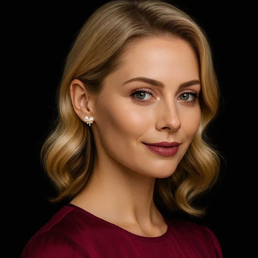 Goudkleurige kleine strik oorbellen met zirkonia stenen  Victoria Valenza