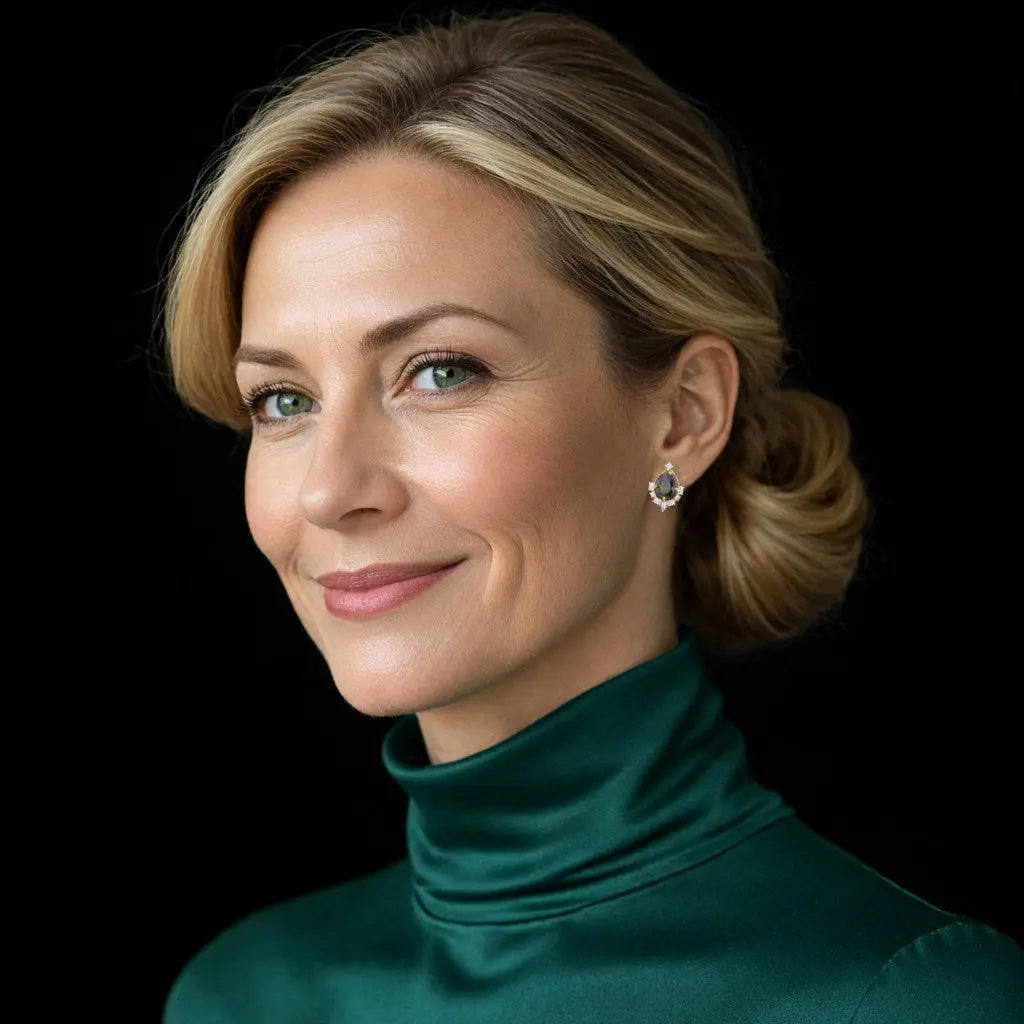 Goudkleurige fantasie oorbellen met clipsen en olijfgroene zirkonia stenen  Victoria Valenza