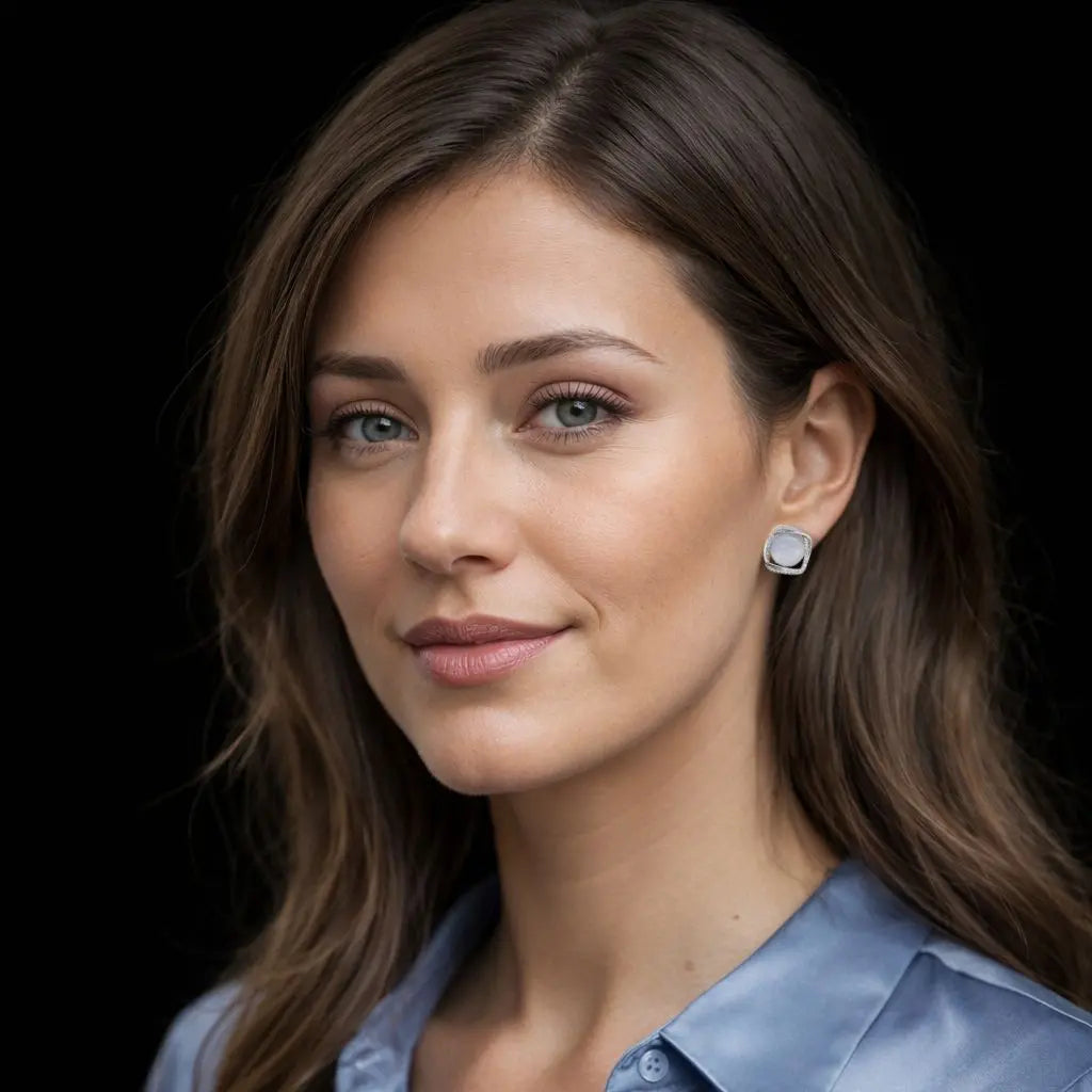 Zilverkleurige cushion oorbellen met clipsen en maansteen  Victoria Valenza