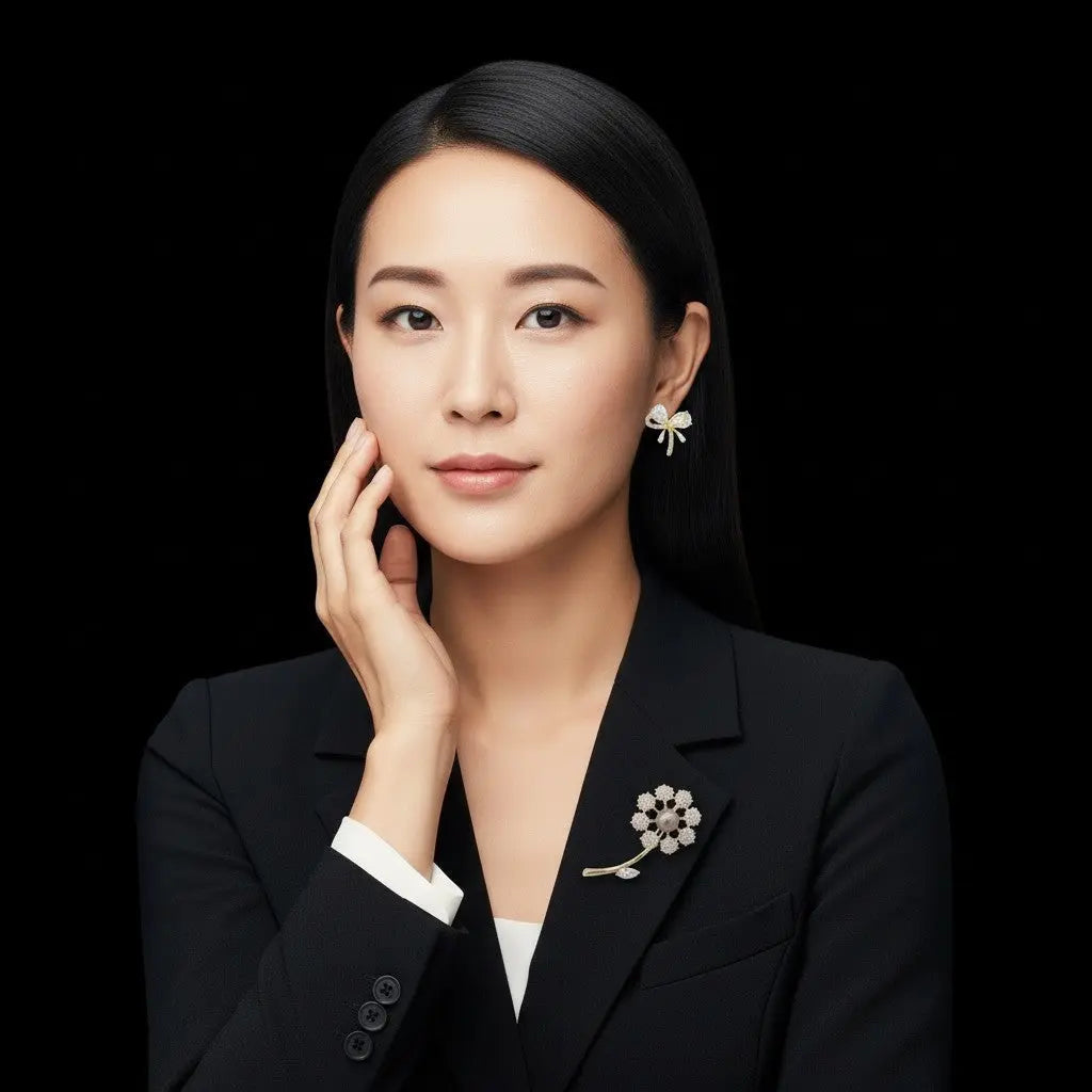 Goudkleurige bloem broche tevens hanger met grijze parel en zirkonia stenen  Victoria Valenza