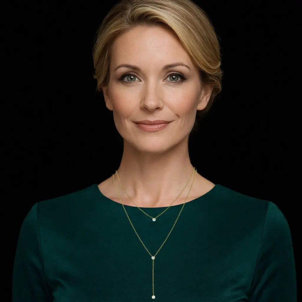 Goudkleurige dubbel collier met zirkonia stenen op model | Victoria Valenza