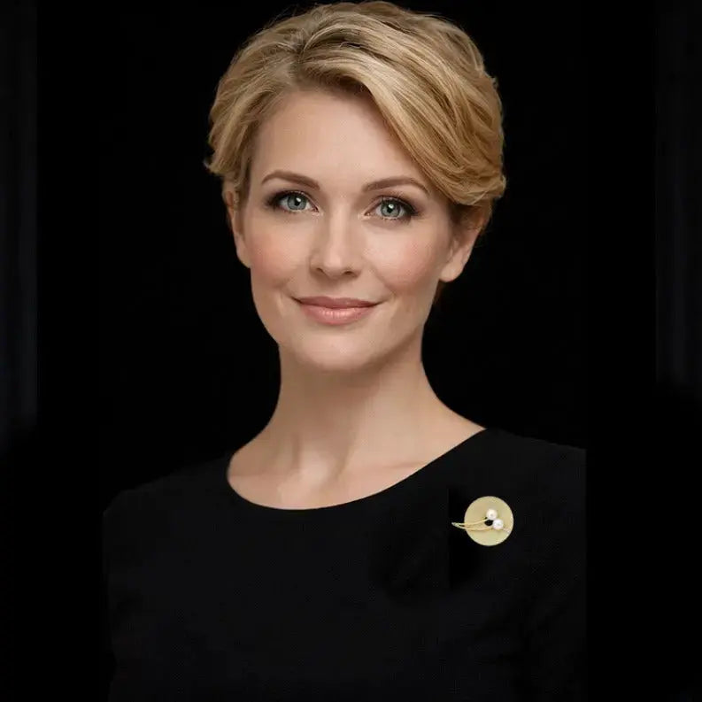 Goudkleurige schijf broche op model | Victoria Valenza