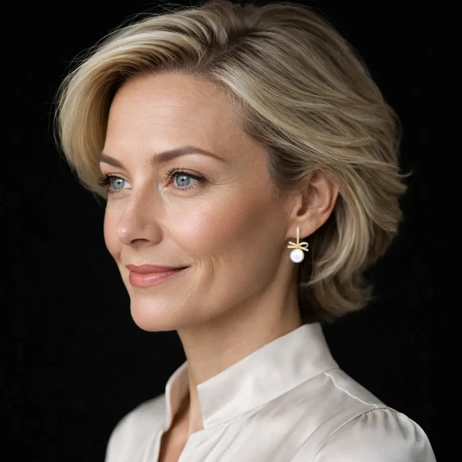 Goudkleurige strik oorbellen met parels en zirkonia stenen  Victoria Valenza