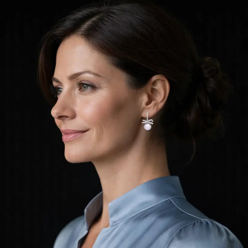 Zilverkleurige strik oorbellen met parels en zirkonia stenen  Victoria Valenza