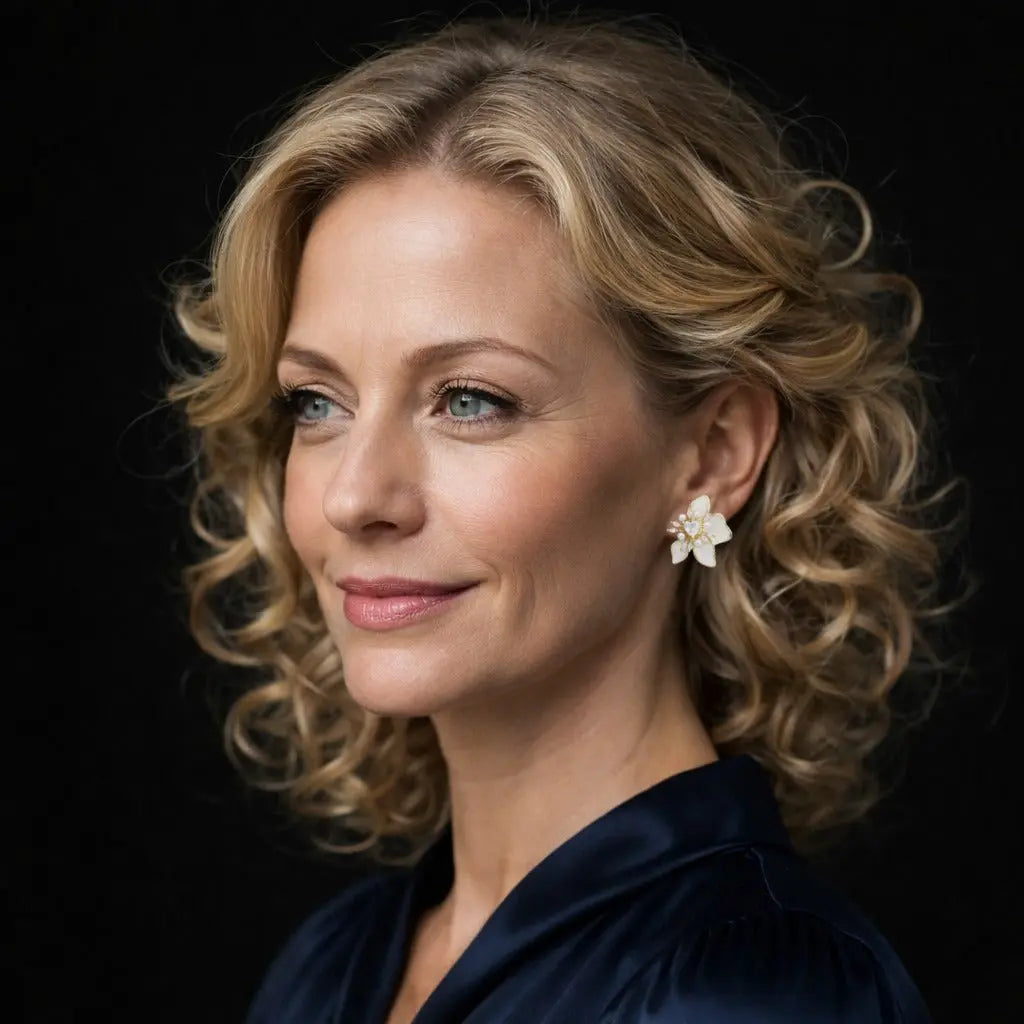 Goudkleurige magnolia oorbellen met parels emaille en zirkonia stenen  Victoria Valenza